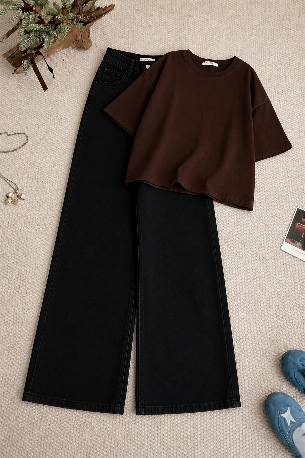 Dark Brown Oversized Tee With Black Wide Leg Jeans