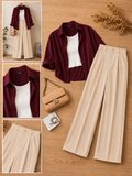 Burgundy Button-Down Shirt With White Crop Tank Top & Chocolate Brown Formal Cotton Pants