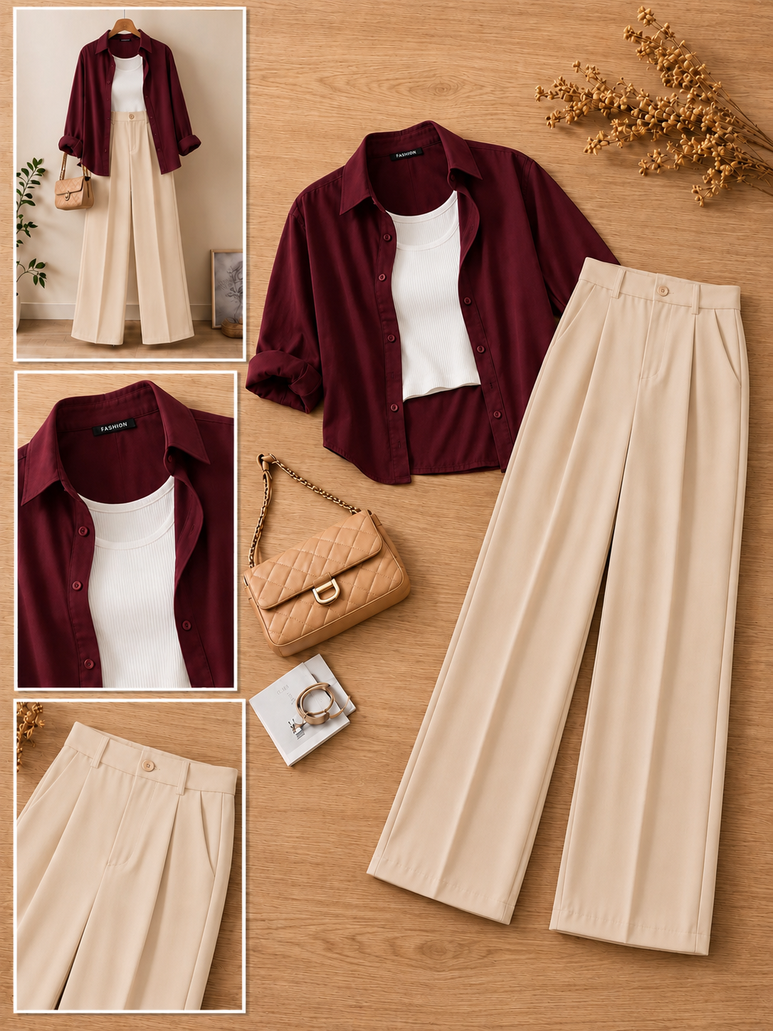 Burgundy Button-Down Shirt With White Crop Tank Top & Chocolate Brown Formal Cotton Pants