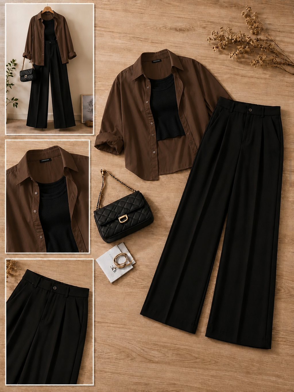 Chocolate Brown Button-Down Shirt With Black Crop Tank Top & Black Formal Cotton Pants