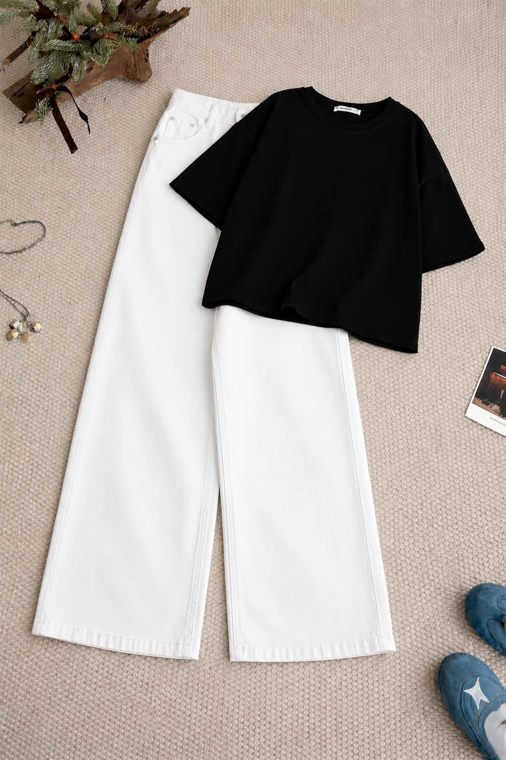 Black Oversized Tee With White Wide Leg Jeans