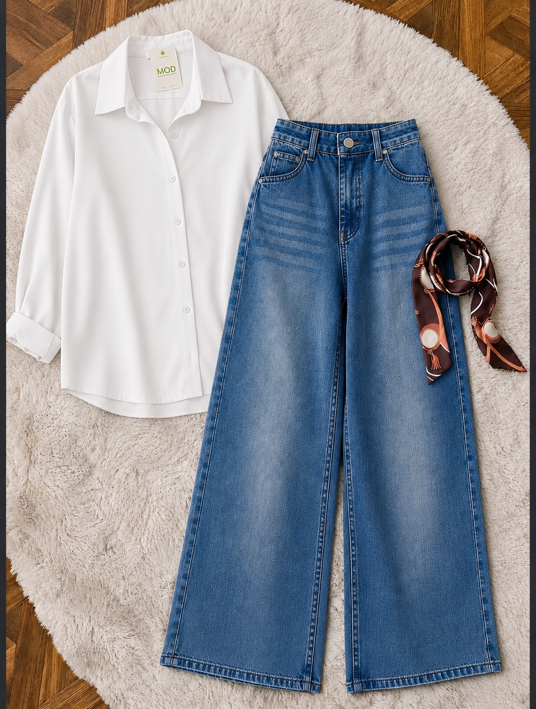 White Button-Down Shirt & Blue Vintage Washed Wide Leg Jeans