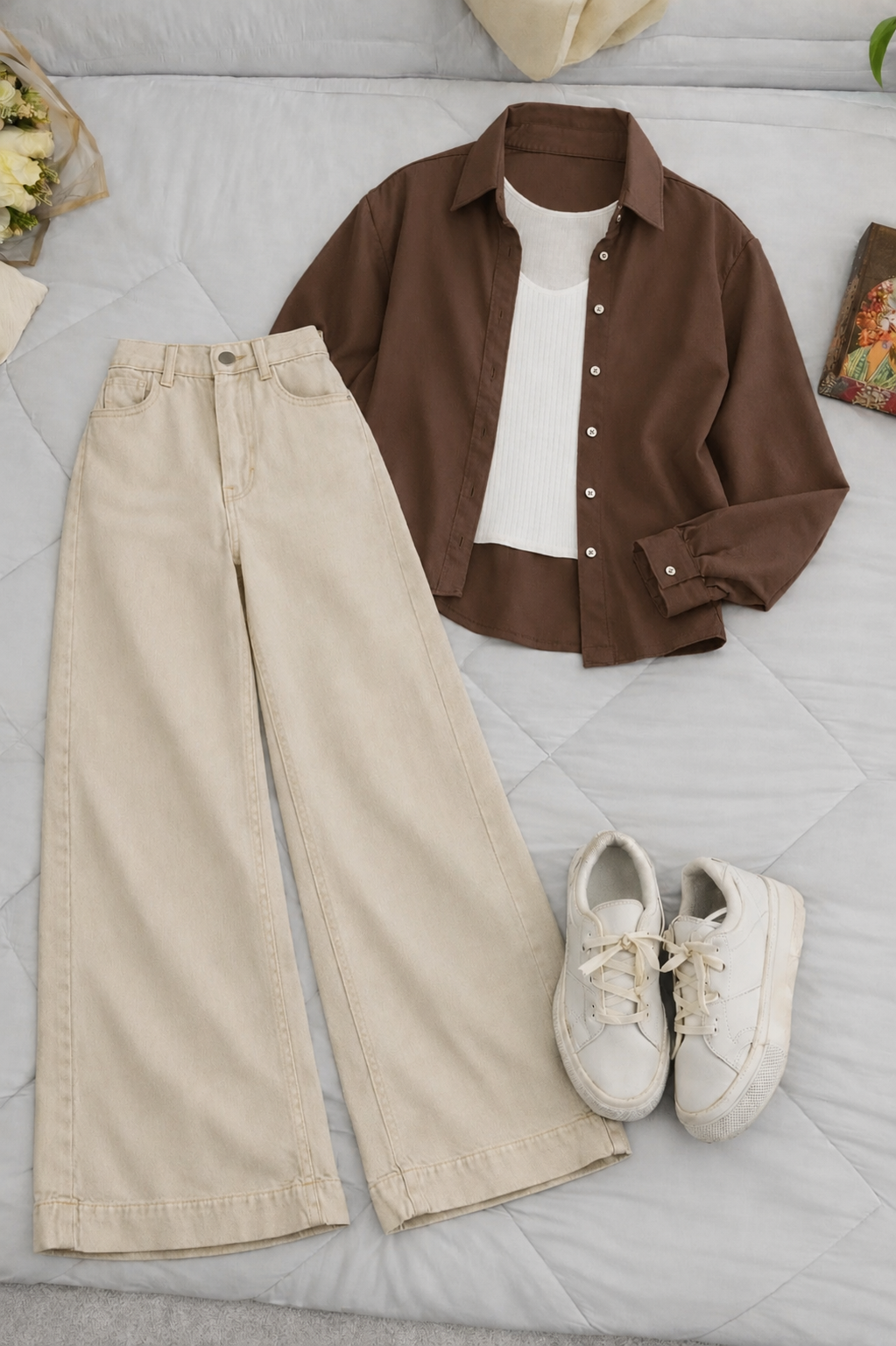 Chocolate Brown Button-Down Shirt With White Crop Tank Top & Beige High-Waisted Wide Leg Denim Jeans