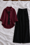 Burgundy Button-Down Shirt With Black Tank Top & Black High-Waisted Cargo Denim Jeans