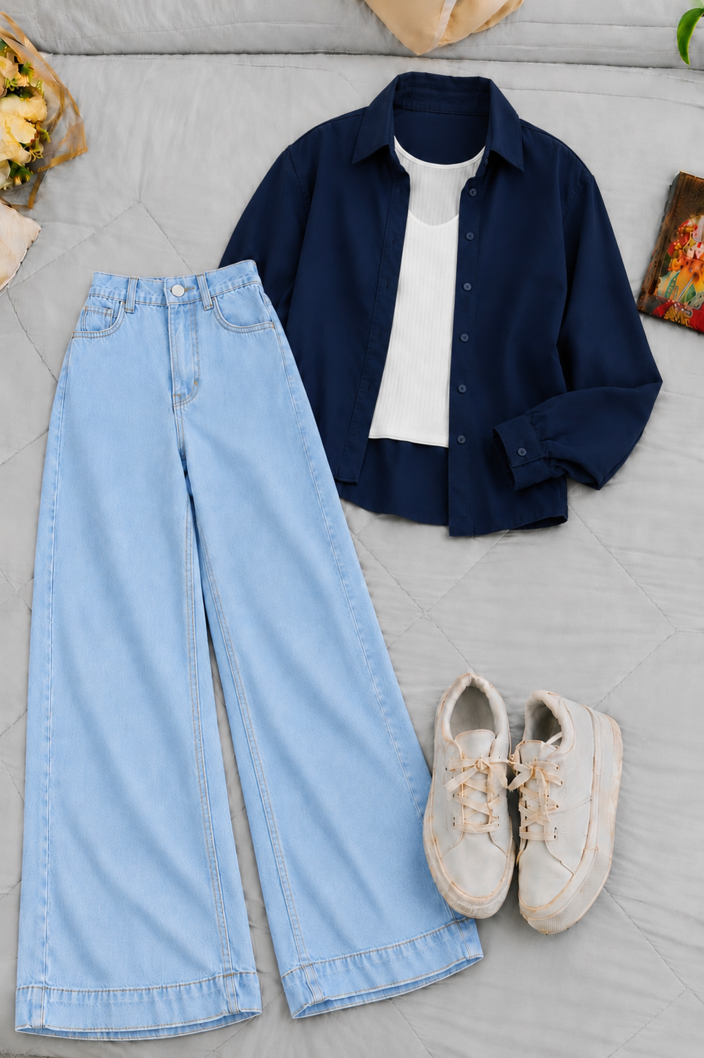 Navy Blue Button-Down Shirt With White Crop Tank Top & Sky Blue High-Waisted Wide Leg Denim Jeans
