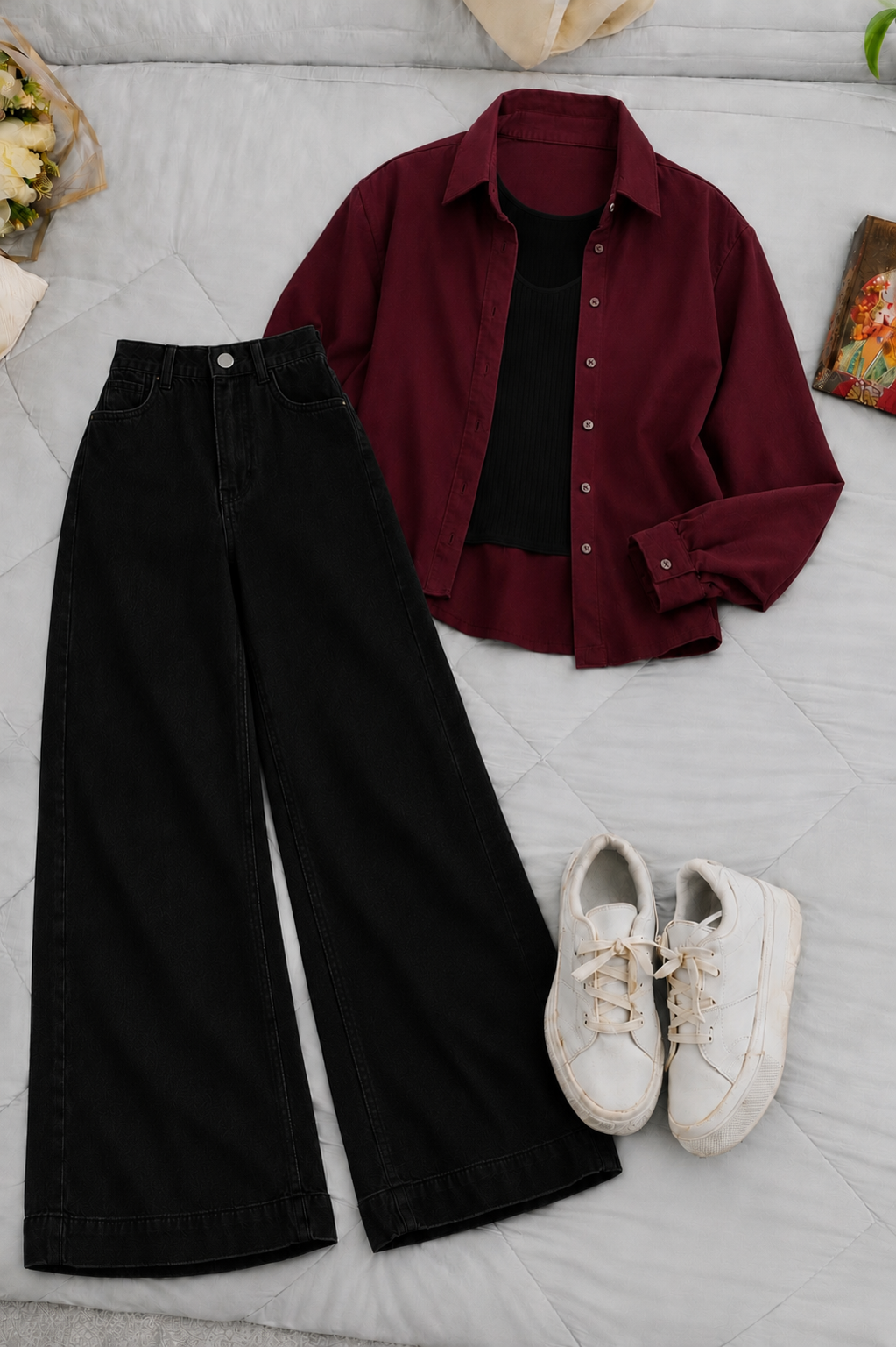 Burgundy Button-Down Shirt With Black Crop Tank Top & Black High-Waisted Wide Leg Denim Jeans