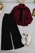 Burgundy Button-Down Shirt With Black Crop Tank Top & Black High-Waisted Wide Leg Denim Jeans