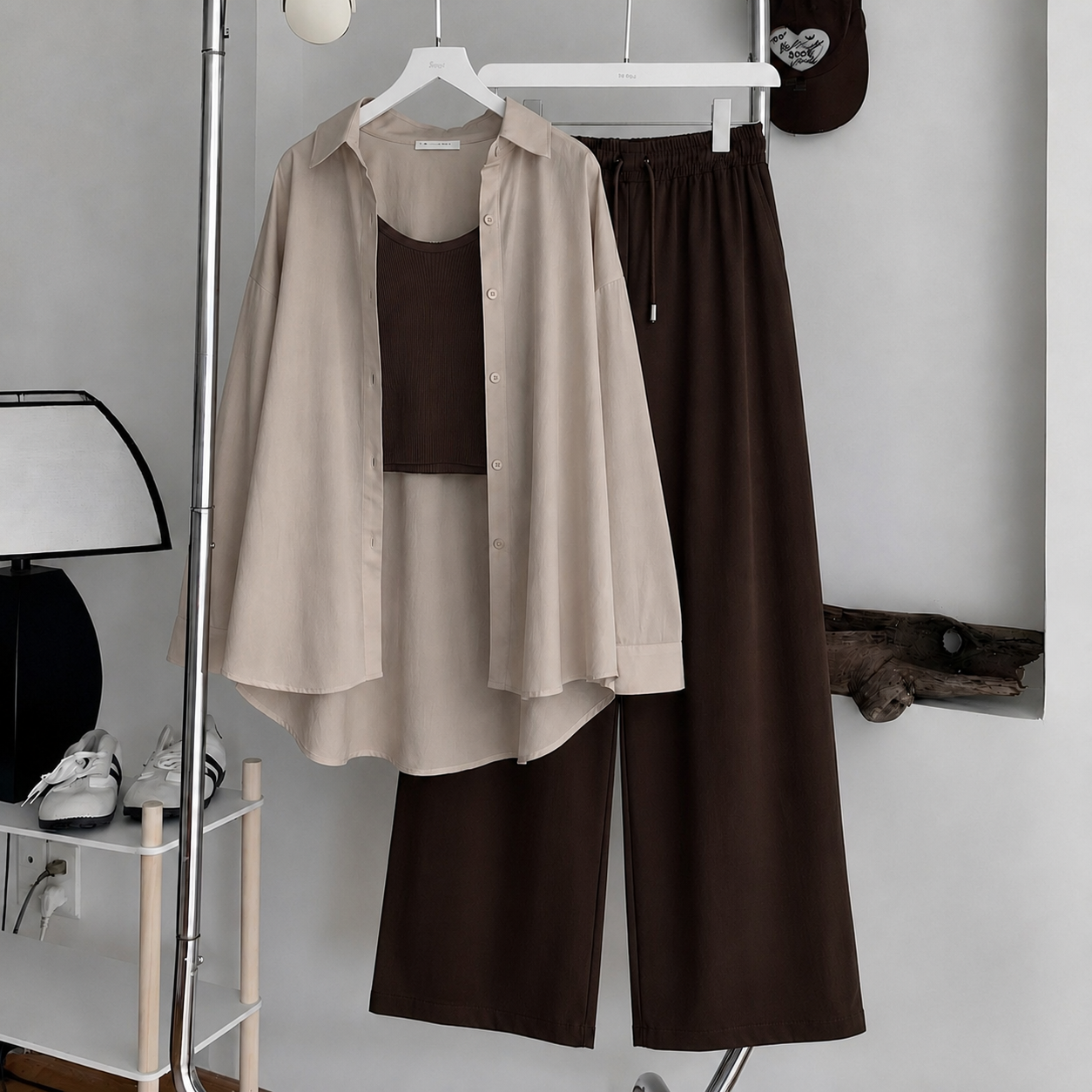 Beige Button-Down Shirt With Chocolate Brown Ribbed Knit Tank Top & Chocolate Brown Flapper Trouser