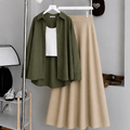 Olive Green Button-Down Shirt With White Crop Tank Top & Beige Summer Flowy Maxi Skirt