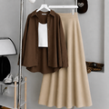 Chocolate Brown Button-Down Shirt With White Crop Tank Top & Beige Summer Flowy Maxi Skirt