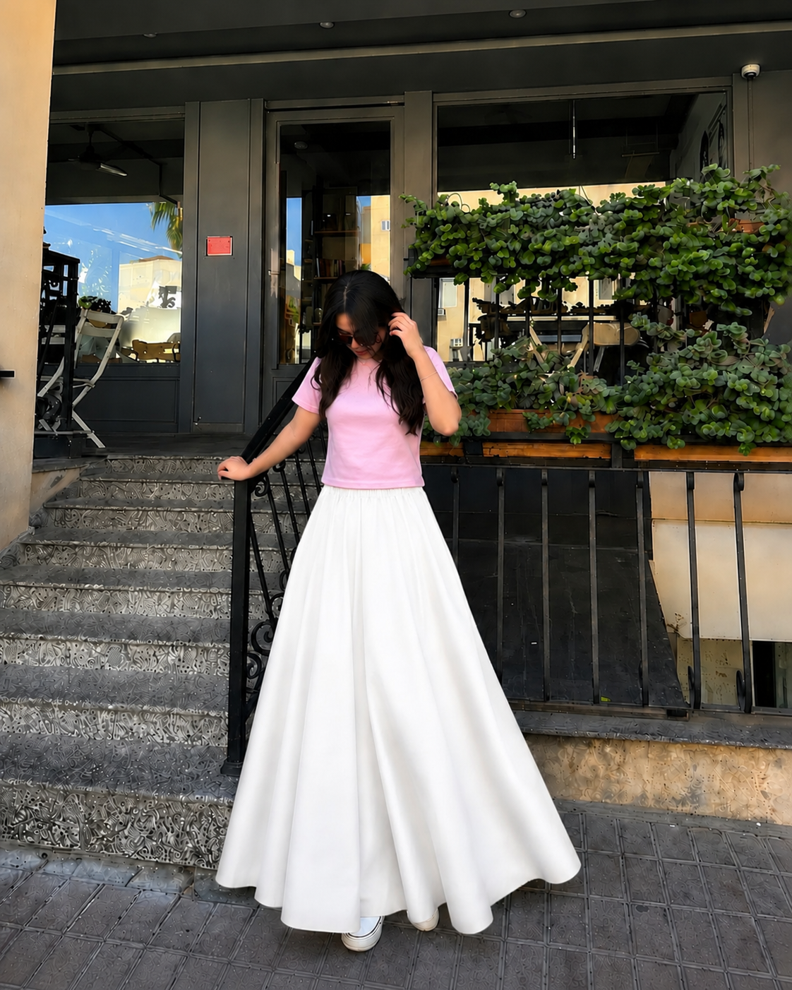 Baby Pink Cropped Tee & White Summer Flowy Maxi Skirt