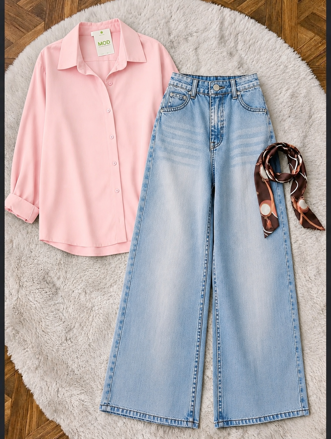 Baby Pink Button-Down Shirt & Sky Blue Vintage Washed Wide Leg Jeans