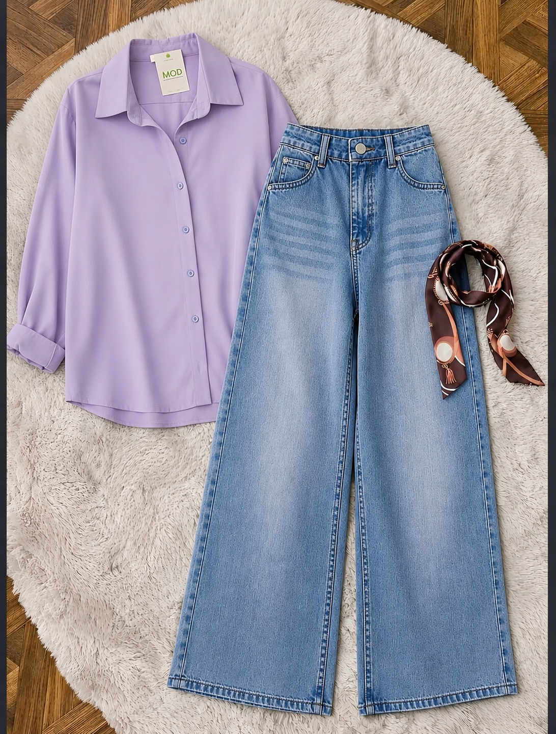 Lilac Button-Down Shirt & Sky Blue Vintage Washed Wide Leg Jeans