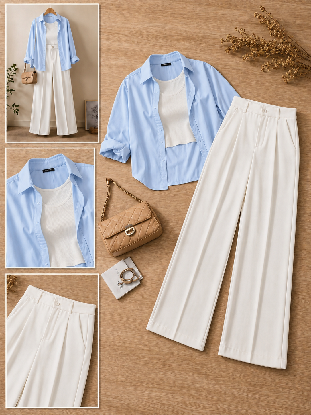 Sky Blue Button-Down Shirt With White Crop Tank Top & White Formal Cotton Pants