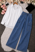 White Button-Down Shirt & Mid Blue High-Waisted Cargo Denim Jeans
