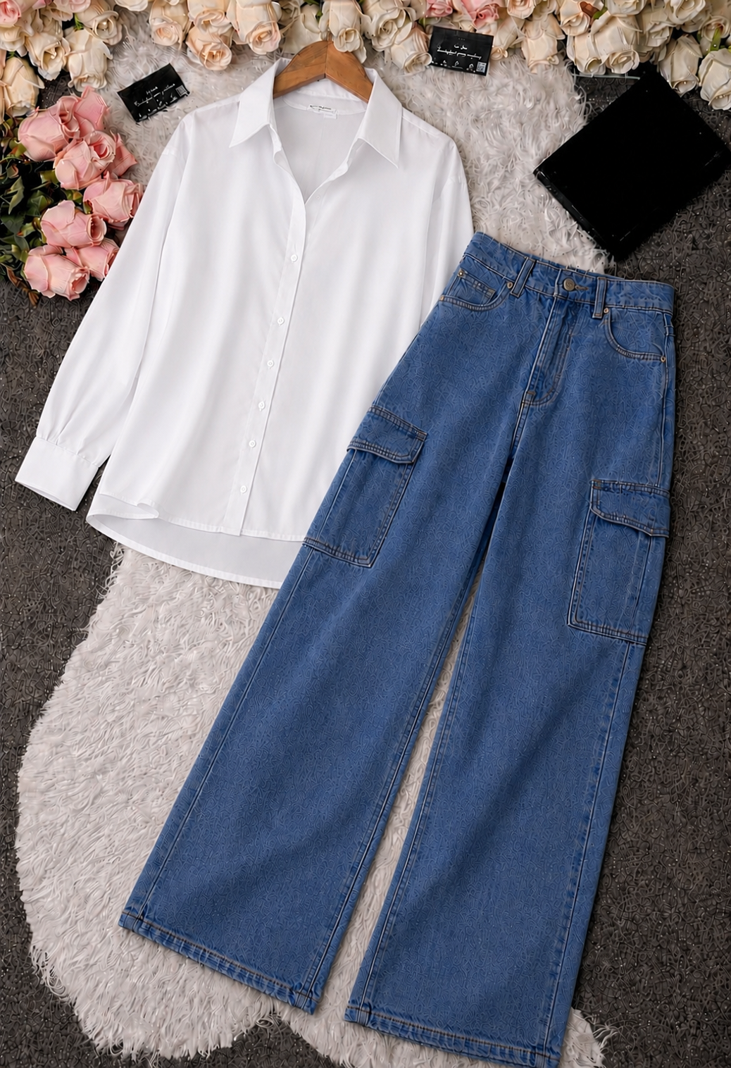 White Button-Down Shirt & Mid Blue High-Waisted Cargo Denim Jeans