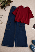 Burgundy Oversized Tee & Dark Blue High-Waisted Cargo Denim Jeans
