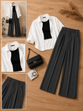 White Button-Down Shirt With Black Crop Tank Top & Grey Formal Cotton Pants