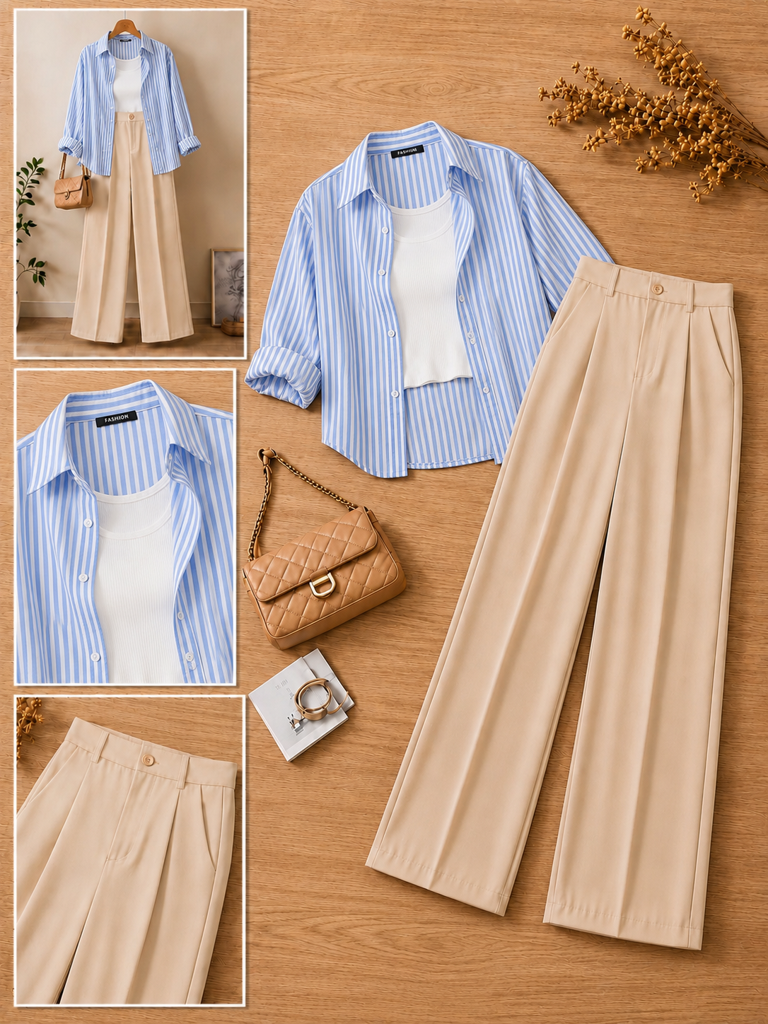 Baby Blue Stripe Button Down Shirt With White Crop Tank Top & Beige Formal Cotton Pants