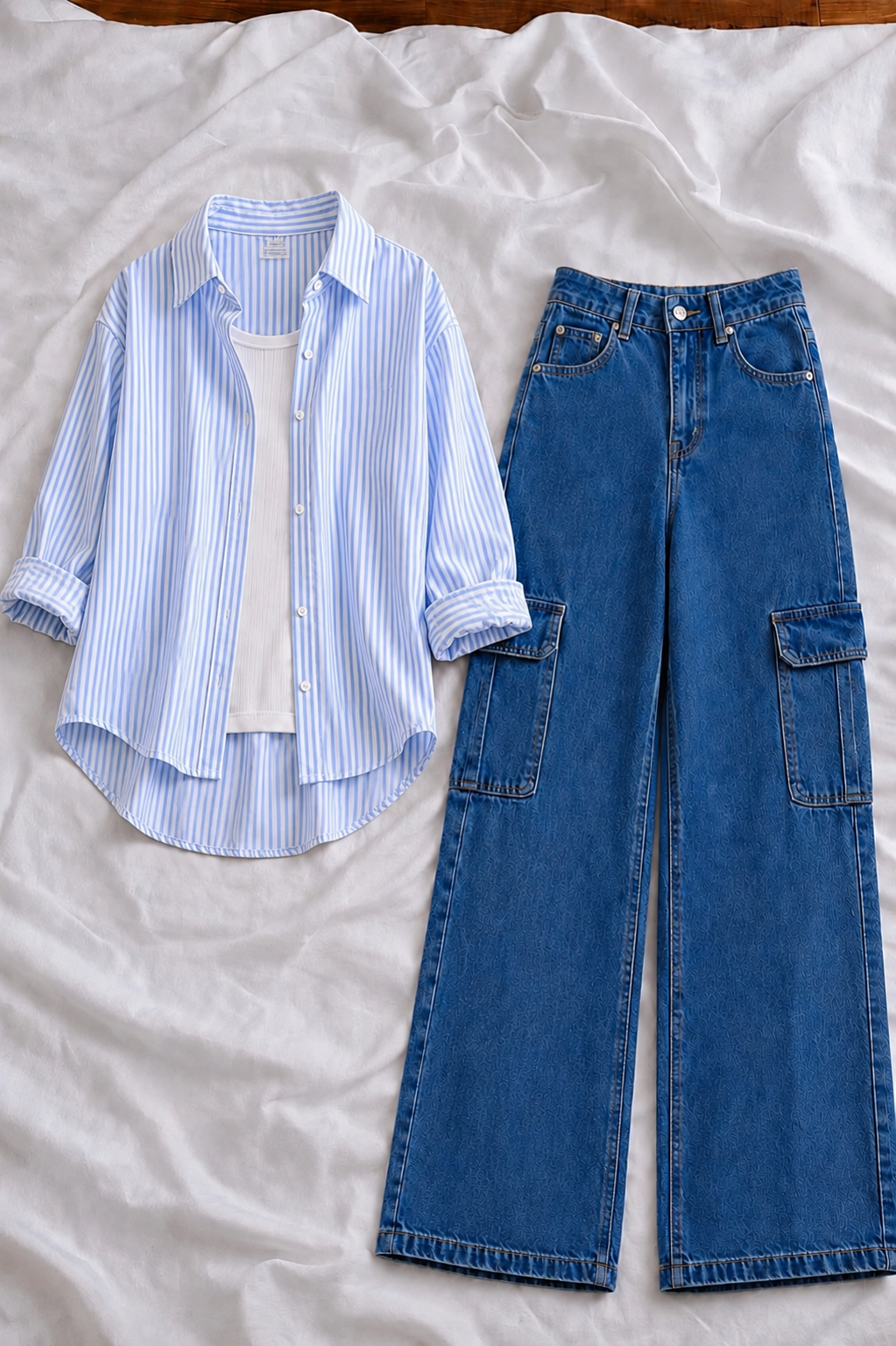 Sky Blue Button-Down Shirt With White Tank Top & Mid Blue High-Waisted Cargo Denim Jeans