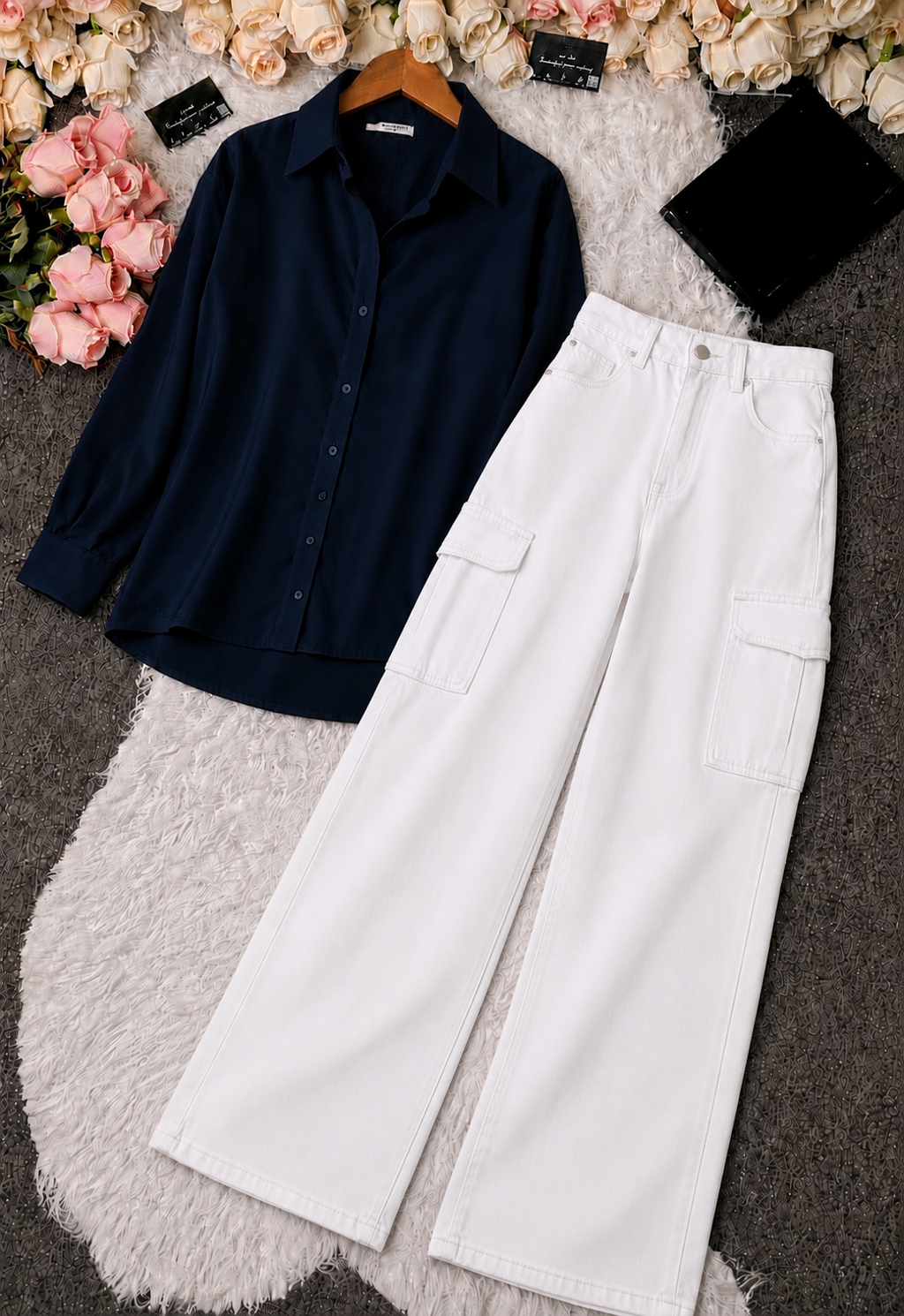 Navy Blue Button-Down Shirt & White High-Waisted Cargo Denim Jeans
