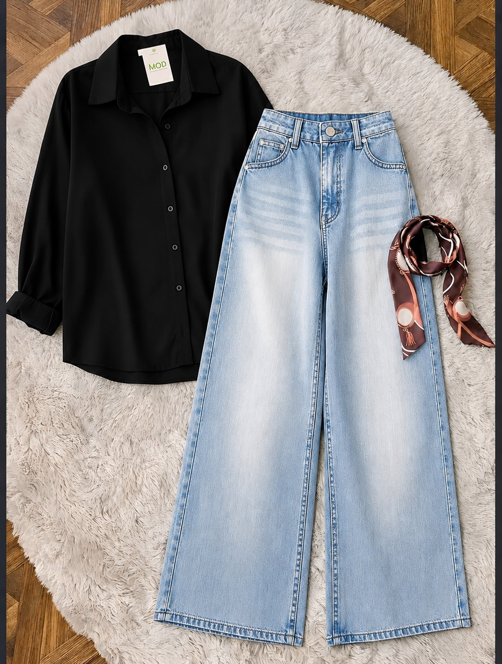 Black Button-Down Shirt & Sky Blue Vintage Washed Wide Leg Jeans
