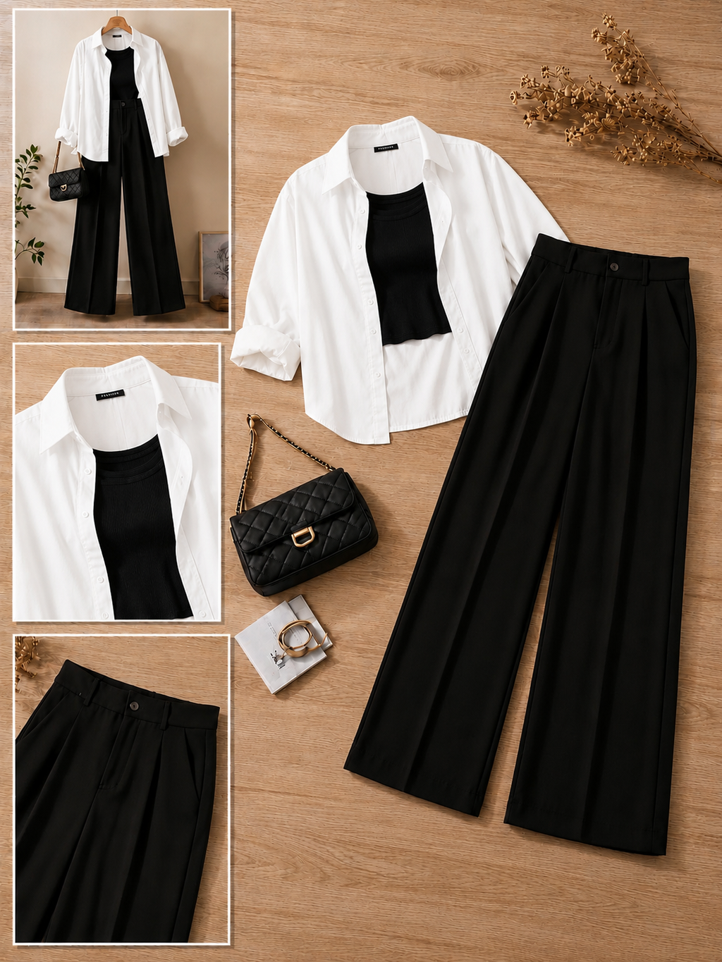 White Button-Down Shirt With Black Crop Tank Top & Black Formal Cotton Pants