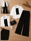 White Button-Down Shirt With Black Crop Tank Top & Black Formal Cotton Pants
