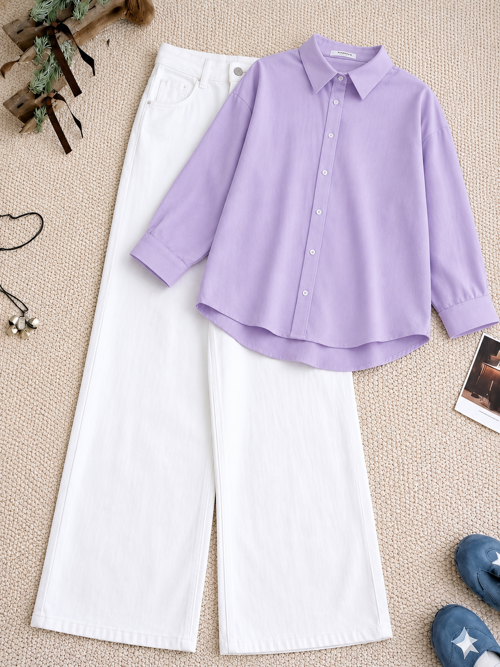 Lilac Button Down Shirt With White Wide leg Jeans Set