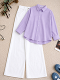 Lilac Button Down Shirt With White Wide leg Jeans Set