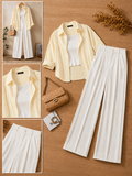 Pale Yellow Stripe Button Down Shirt With White Crop Tank Top & White Formal Cotton Pants
