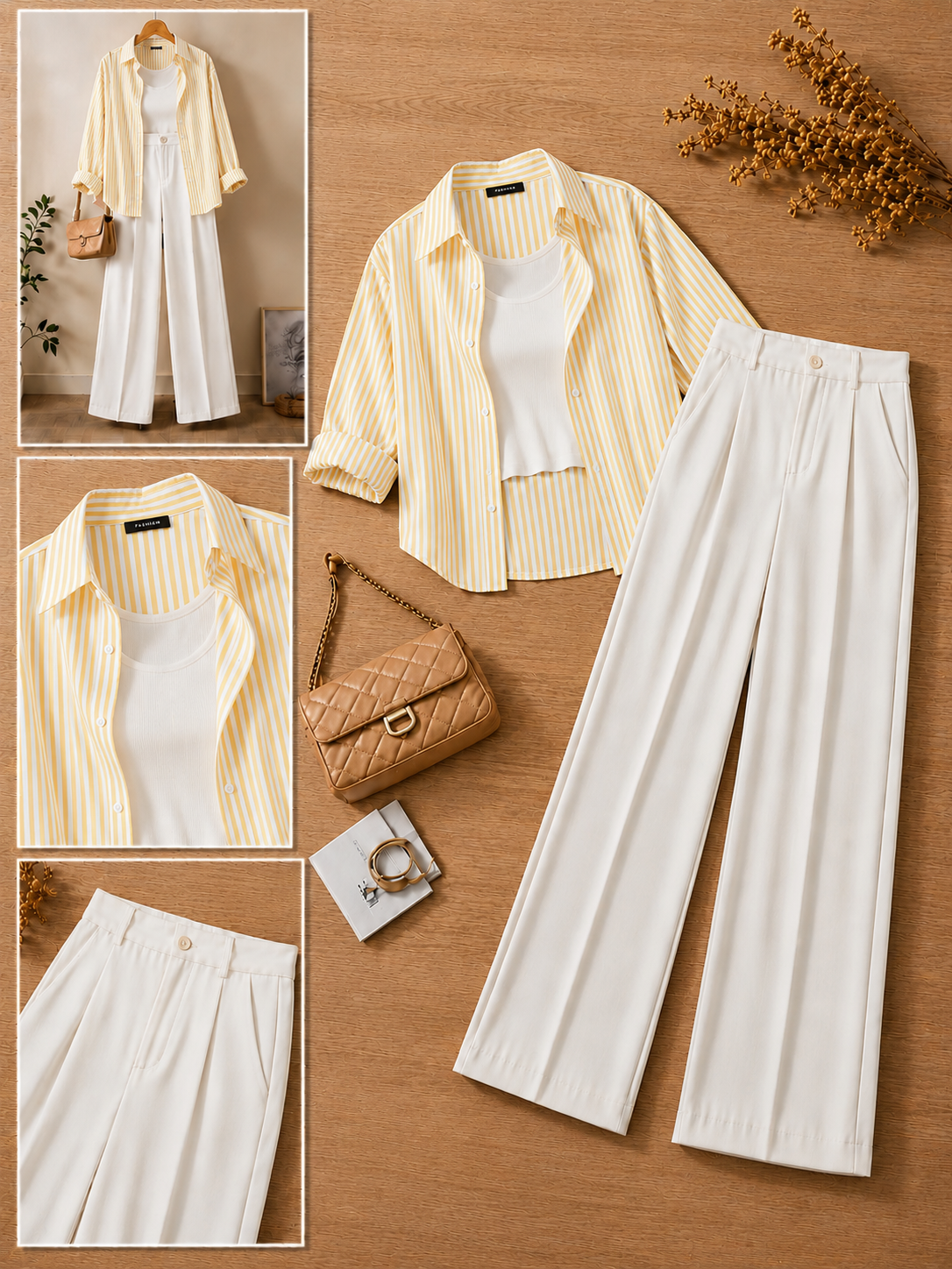 Pale Yellow Stripe Button Down Shirt With White Crop Tank Top & White Formal Cotton Pants