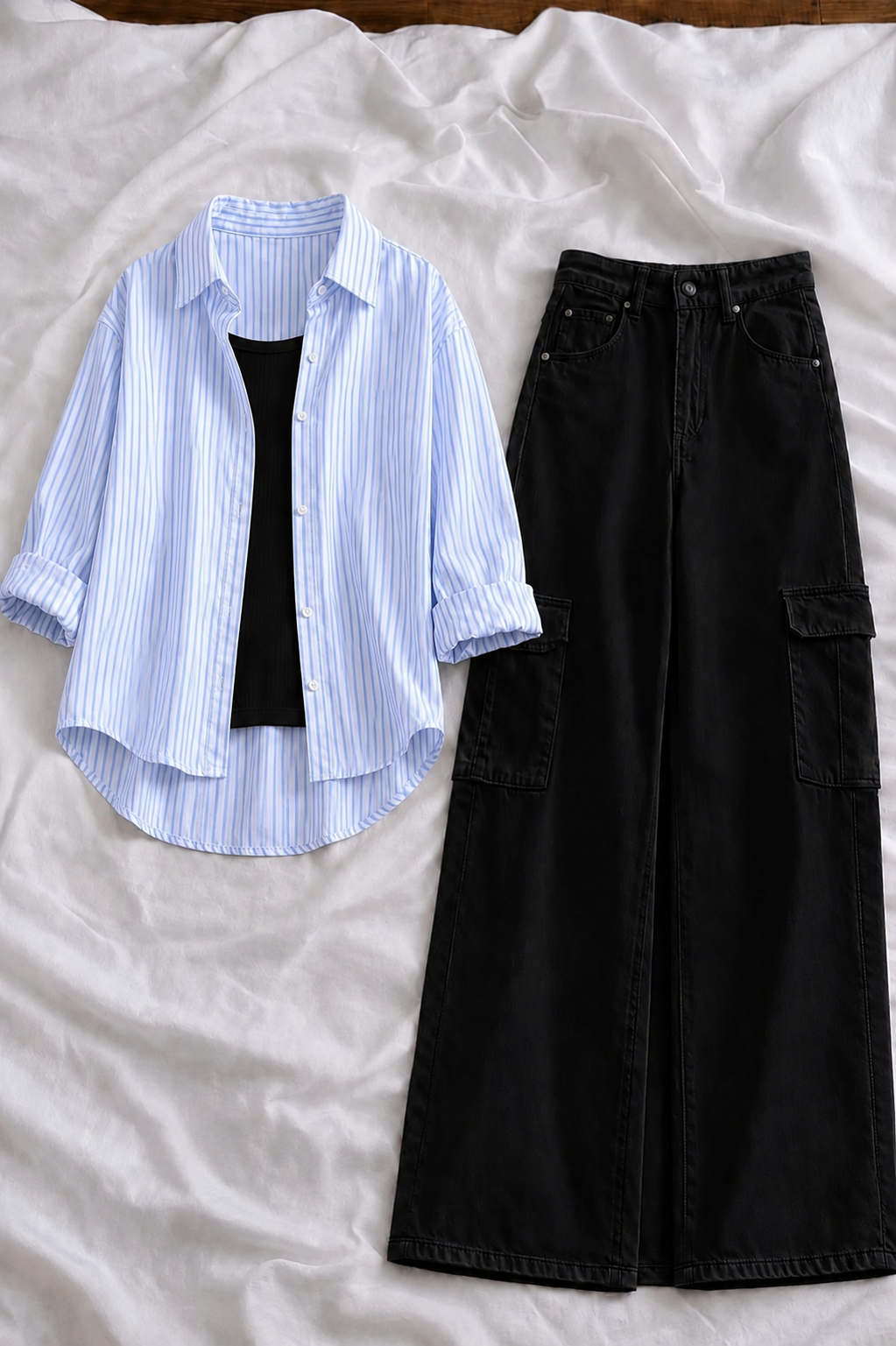 Sky Blue Stripe Button-Down Shirt With Black Tank Top & Black High-Waisted Cargo Denim Jeans