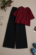 Burgundy Oversized Tee & Black High-Waisted Cargo Denim Jeans