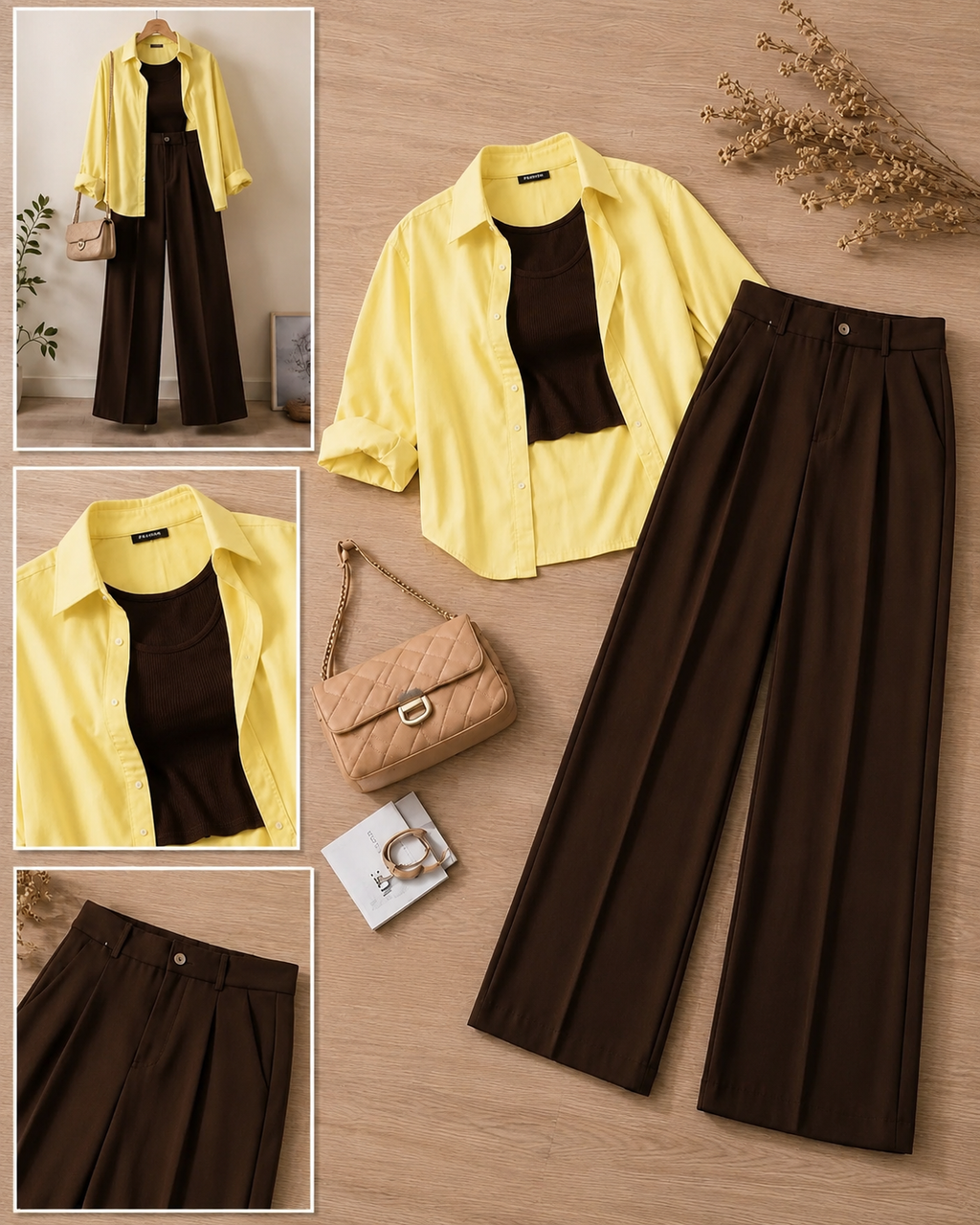 Pale Yellow Button-Down Shirt With Brown Crop Tank Top & Chocolate Brown Formal Cotton Pants