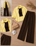 Pale Yellow Button-Down Shirt With Brown Crop Tank Top & Chocolate Brown Formal Cotton Pants