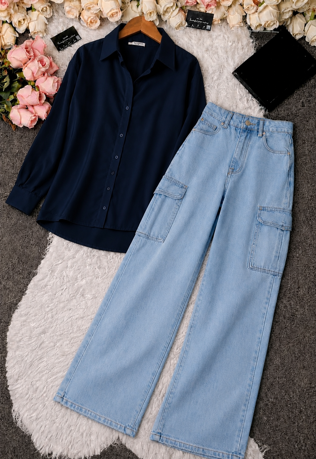 Navy Blue Button-Down Shirt & Sky Blue High-Waisted Cargo Denim Jeans