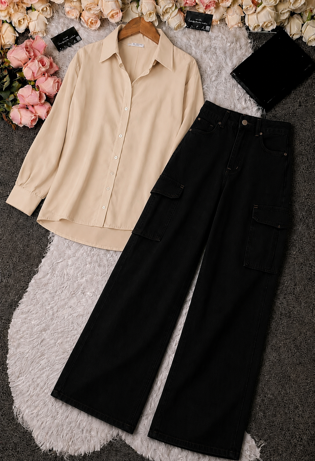 Beige Button-Down Shirt & Black High-Waisted Cargo Denim Jeans