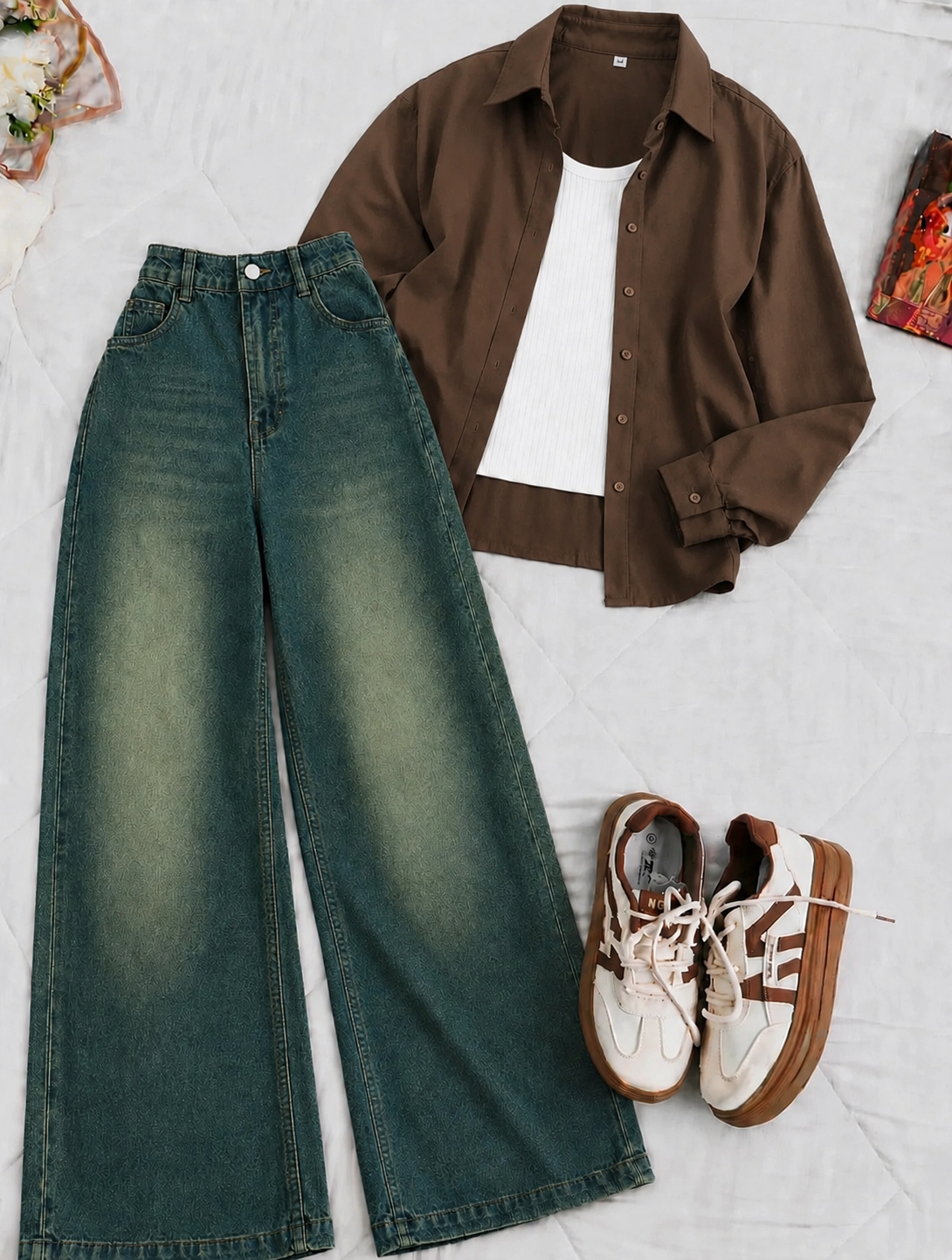 Chocolate Brown Button-Down Shirt With White Crop Tank Top & deep blue-green Vintage Wide Leg Jeans