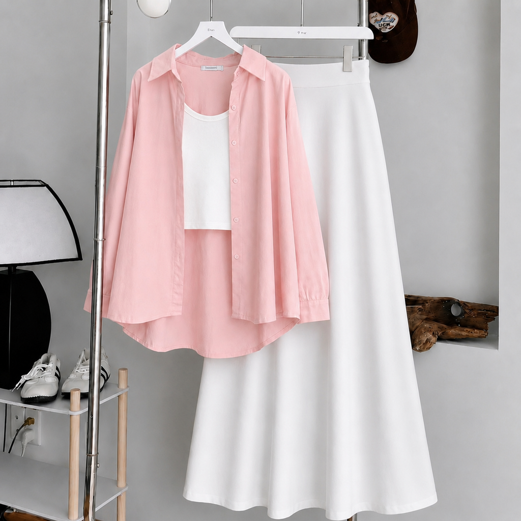 Baby Pink Button-Down Shirt With White Crop Tank Top & White Summer Flowy Maxi Skirt