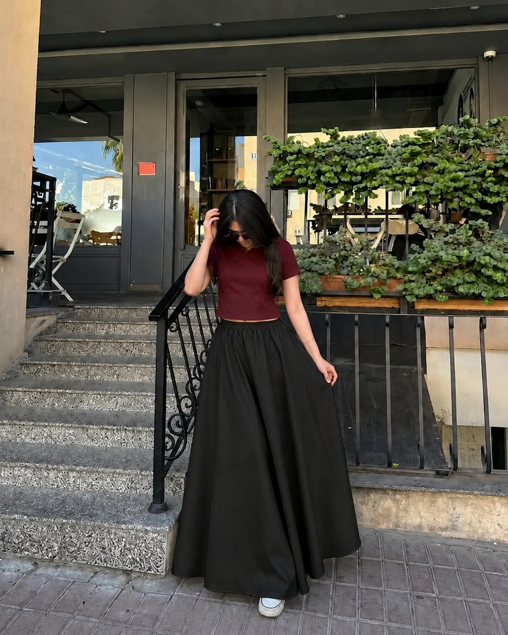 Burgundy Cropped Tee & Black Summer Flowy Maxi Skirt