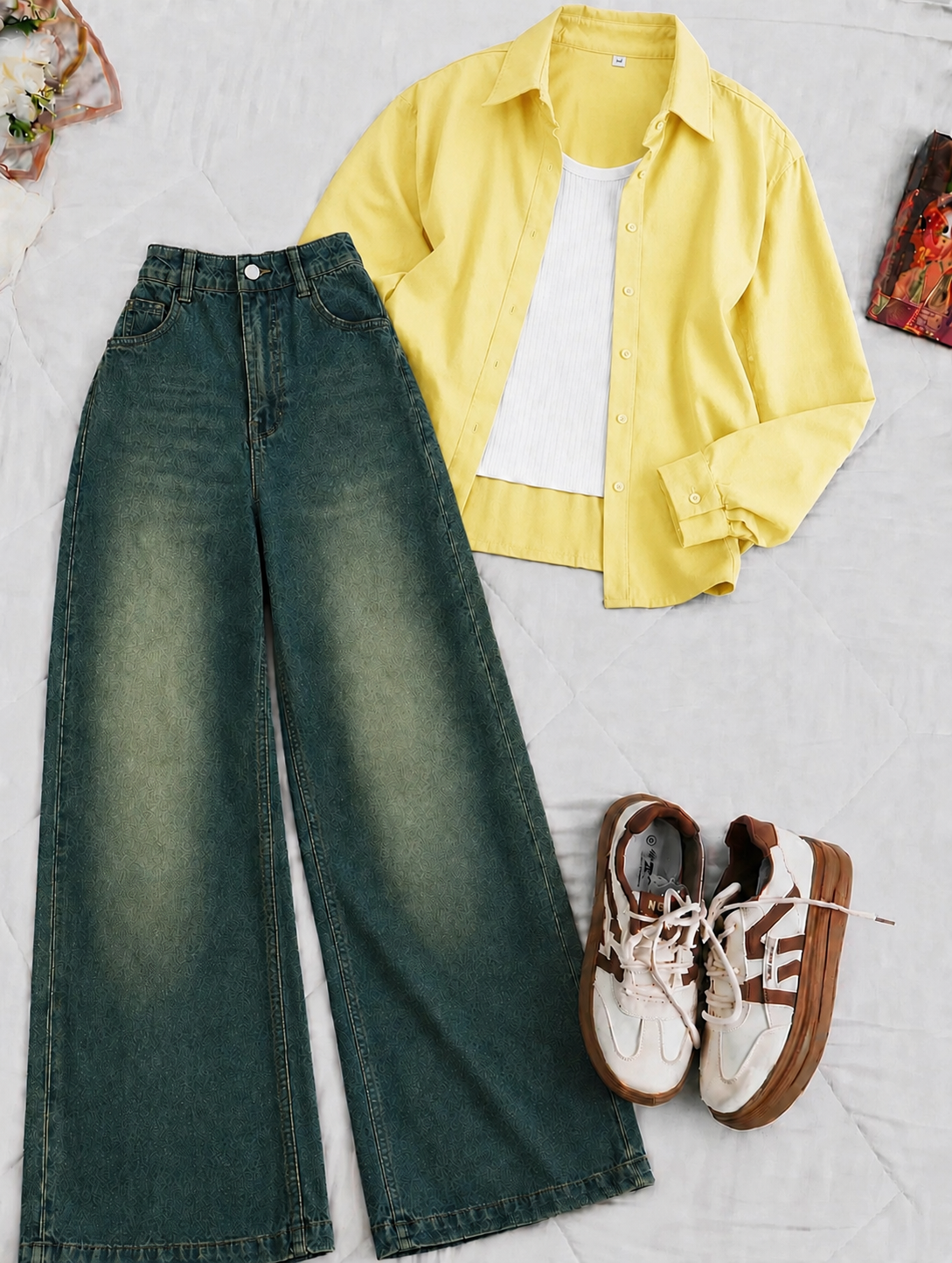 Pale Yellow Button-Down Shirt With White Crop Tank Top & deep blue-green Vintage Wide Leg Jeans