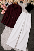 Burgundy Button-Down Shirt & Black High-Waisted Cargo Denim Jeans