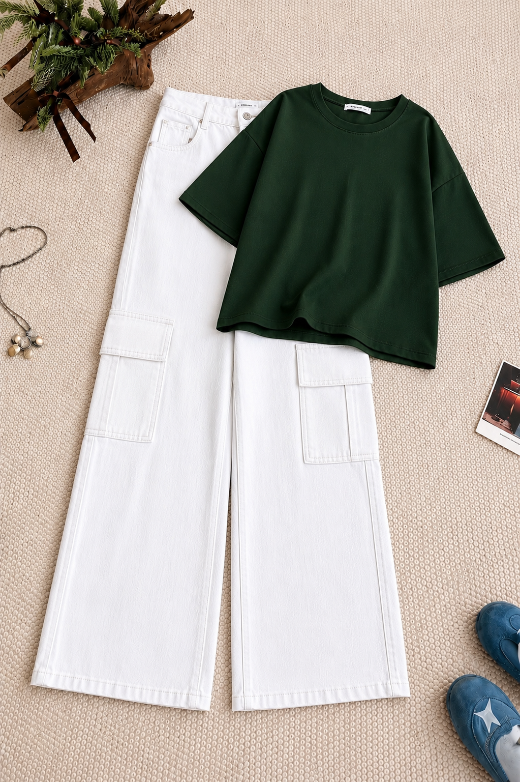 Dark Green Oversized Tee & White High-Waisted Cargo Denim Jeans