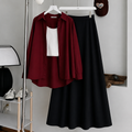 Burgundy Button-Down Shirt With White Crop Tank Top & Black Summer Flowy Maxi Skirt