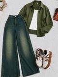 Olive Green Button-Down Shirt With White Crop Tank Top & deep blue-green Vintage Wide Leg Jeans