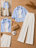 Sky Blue Stripe Button Down Shirt With White Crop Tank Top & White Formal Cotton Pants