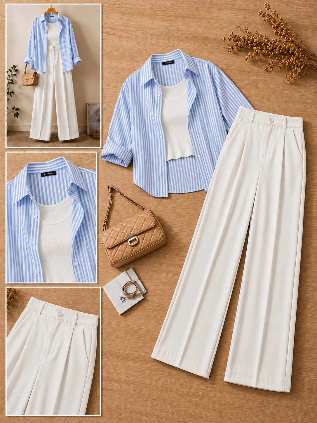 Sky Blue Stripe Button Down Shirt With White Crop Tank Top & White Formal Cotton Pants