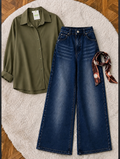 Olive Green Button-Down Shirt & Mid Blue Vintage Washed Wide Leg Jeans