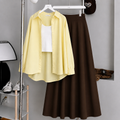 Pale Yellow Button-Down Shirt With White Crop Tank Top & Chocolate Brown Summer Flowy Maxi Skirt